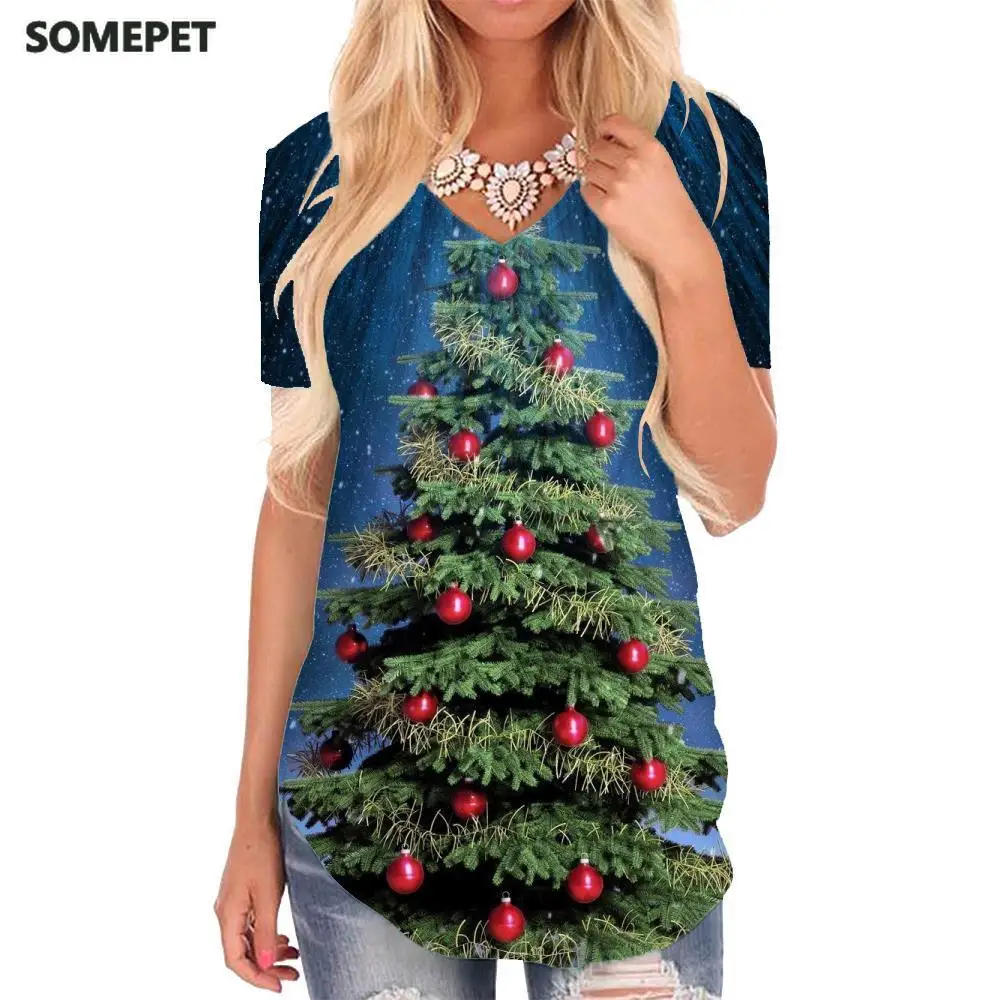 

Футболка женская Рождественская с V-образным вырезом и звездами