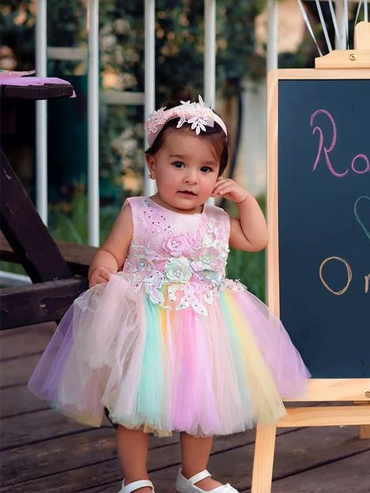 

Yoliyolei Rainbow Baby Kids Dress Tulle Colorful Cute Toddler Clothes 0-24M Appliques Sweet Girls Dresses for Birthday Halloween