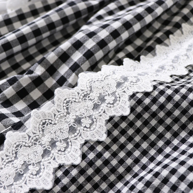 

Japan Style Mori Girl Black White Plaid Cotton linen Skirt Lace irregular A-line Women Skirts
