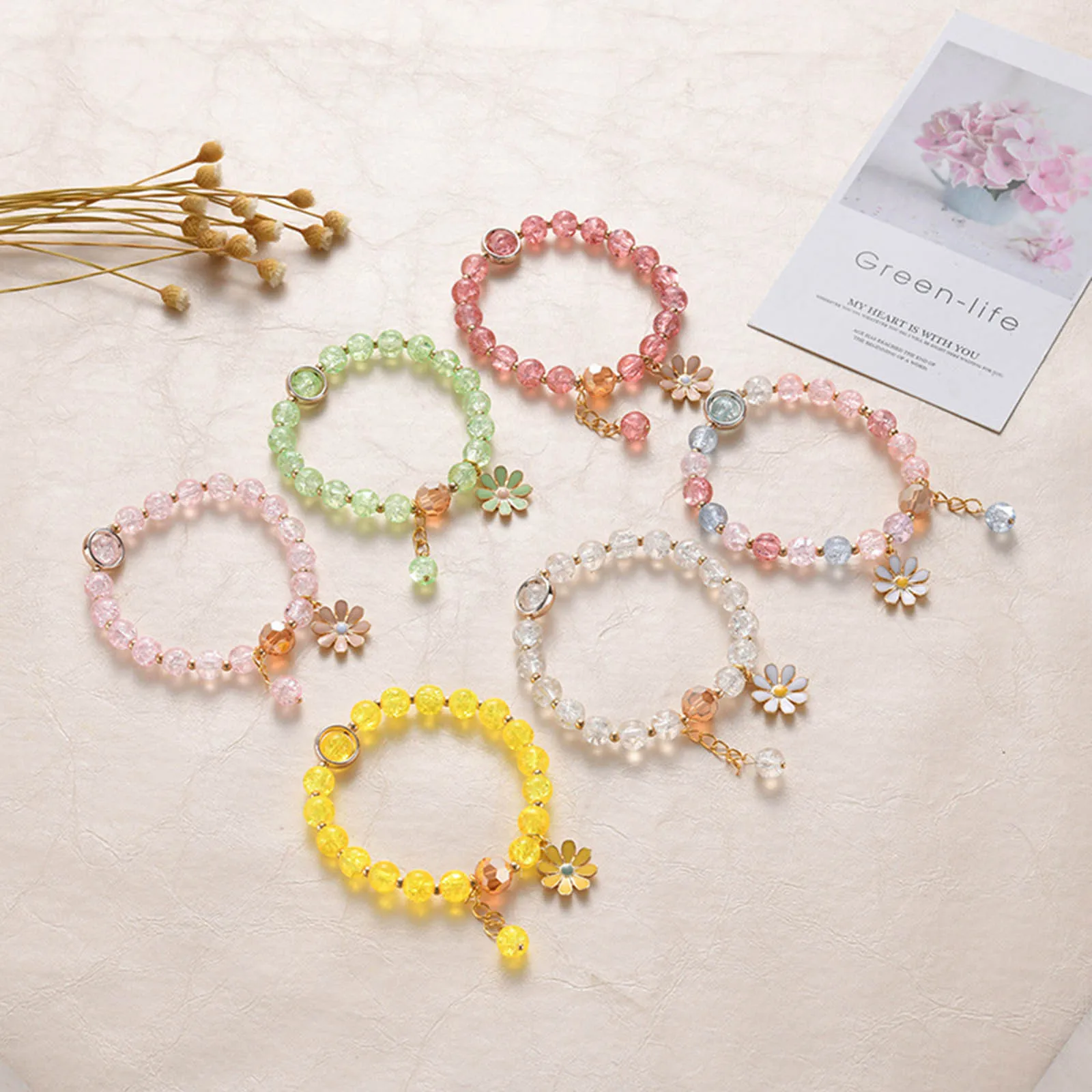 

Handmade Enamel Dainty Pendants Crystal Glass Beaded Charm Bracelet Women Romantic Clear Bead Bracelet Jewelry Best Friend Gifts