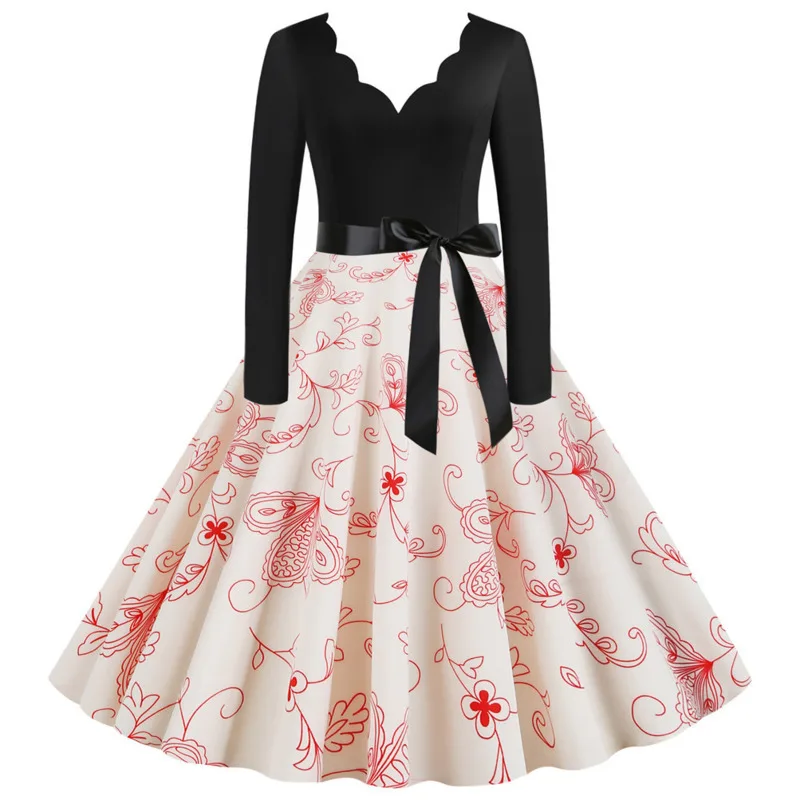 

TITAME Women Vintage Dress Valentine Dress V-neck Big Swing Elegant Women Print Dress Party Dress Long Sleeve Dress Robe