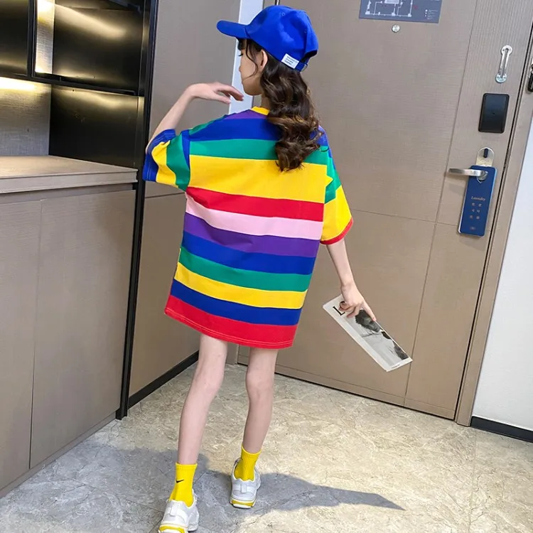 

Girls Summer Rainbow striped long T Shirt Tops Tees Kids Children Casual Clothing Baby Casual Clothes 2021