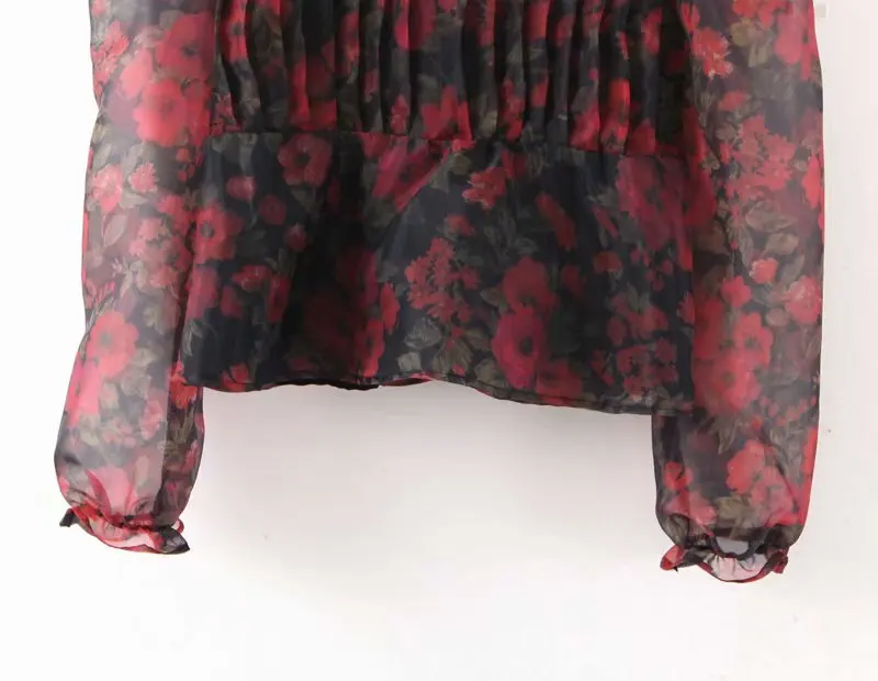 Женская винтажная блузка из органзы с цветочным принтом плиссированные рубашки