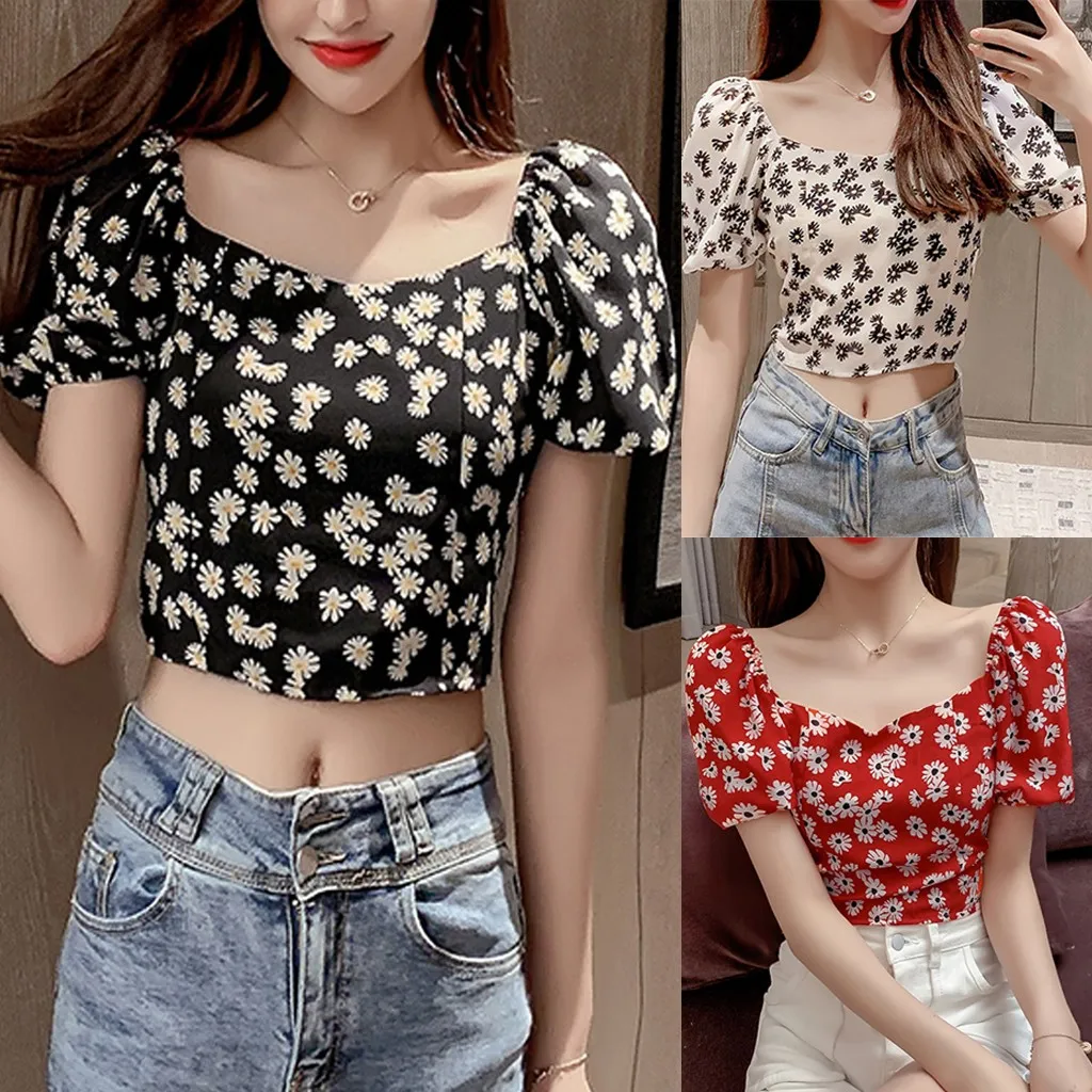 Женский укороченный топ в Корейском стиле Ретро майки с цветочным принтом