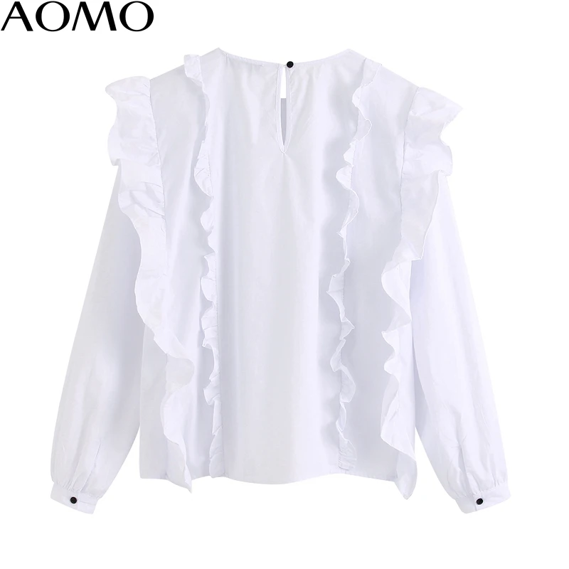 

AOMO 2020 Fashion womens tops and blouses Women's Casual Top White Shirt Ruffled Round Neck shirt BE261A