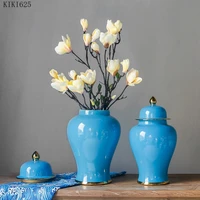 creative blue ceramic vase gold plated sealed storage jar with lid desktop ornaments hydroponic flower vase large storage jar