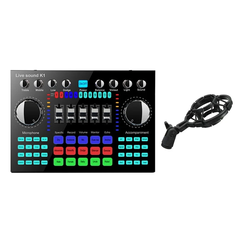 

New Computer Phone Voice Changer Live Sound Card Mixer Board Streaming Audio Bluetooth 5.0 Universal With Microphone Stand