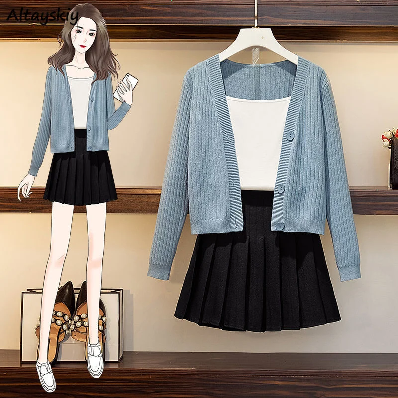 

Women Sets Solid Gentle Sweater Cardigans High Waist Mini Pleated Skirts Japanese Sweet Fashion 2 Pecs Chic Streetwear Leisure