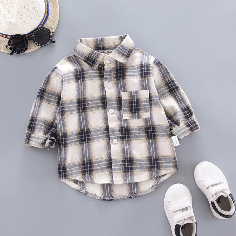 IENENS Kids Shirt Clothes Spring Thin Blouses Clothing Infant Boy Plaid Cotton Tops 1 2 3 4 Years Kids Long Sleeves Shirt