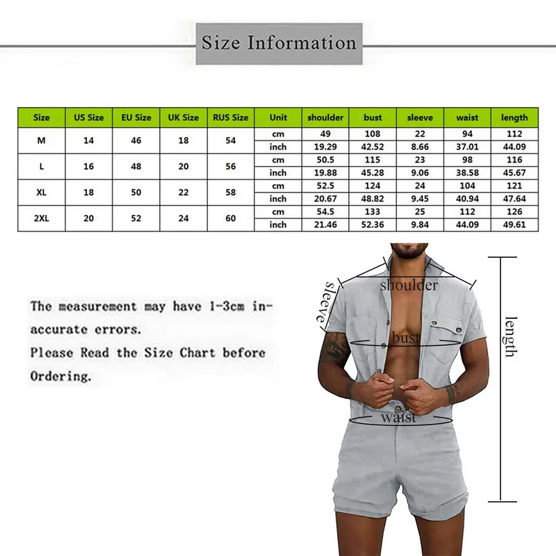 

Men's Jumpsuit Lapel Overalls For Men Short Sleeve Rompers Solid Color Single Breasted Romper Pocket Short Pants One-piece Suit