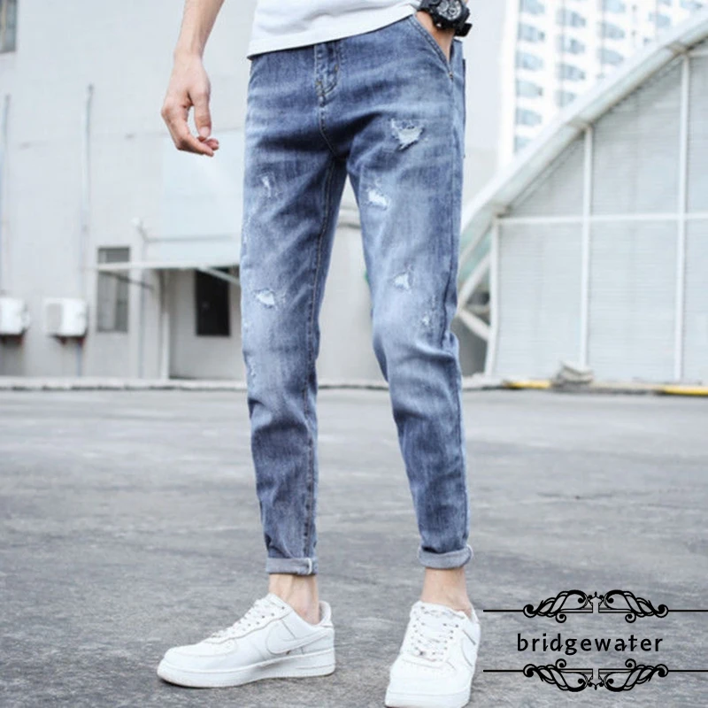 Men's Stylish Fashion Trousers Spring Autumn Summer Trend Jeans Stretch Ripped Casual Light-Colored Pants