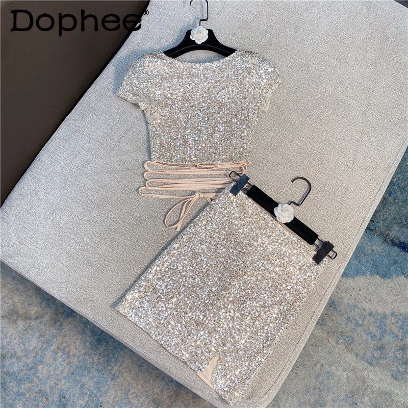 

Женский костюм-двойка с юбкой, футболка на шнуровке с вышивкой и блестками и трапециевидная мини-юбка с высокой талией, лето 2021