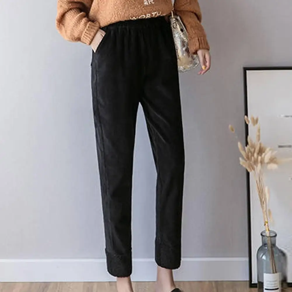 Женские вельветовые брюки карандаш теплые с высокой талией и эластичным поясом