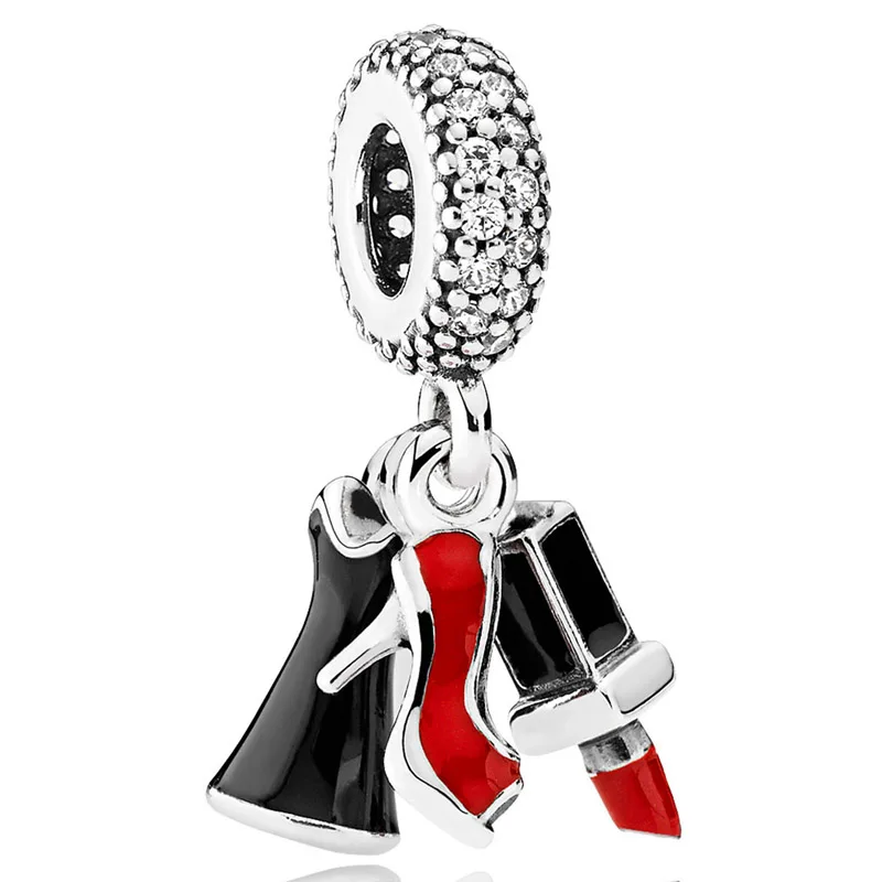 

Original 925 Sterling Silver Charm Lipstick Dress Stiletto Enamel Pendant Bead With Crystal Fit Pandora Bracelet DIY Jewelry