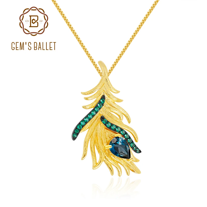 

GEM'S BALLET 925 Sterling Silver Natural London Blue Topaz Fine Jewelry Feather Gypsy Bohemia Pendant Necklace For women