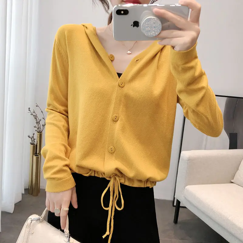 Женский вязаный кардиган с капюшоном весна-осень 2020 однотонный свободный