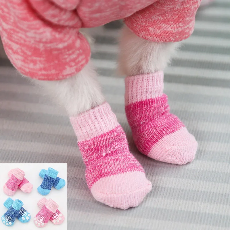 

4Pcs/set Winter Pet Dog Socks Thick Warm Breathable Anti-Slip Knitted Dogs Shoes Puppy Paw Protector Chihuahua Outdoor Booties