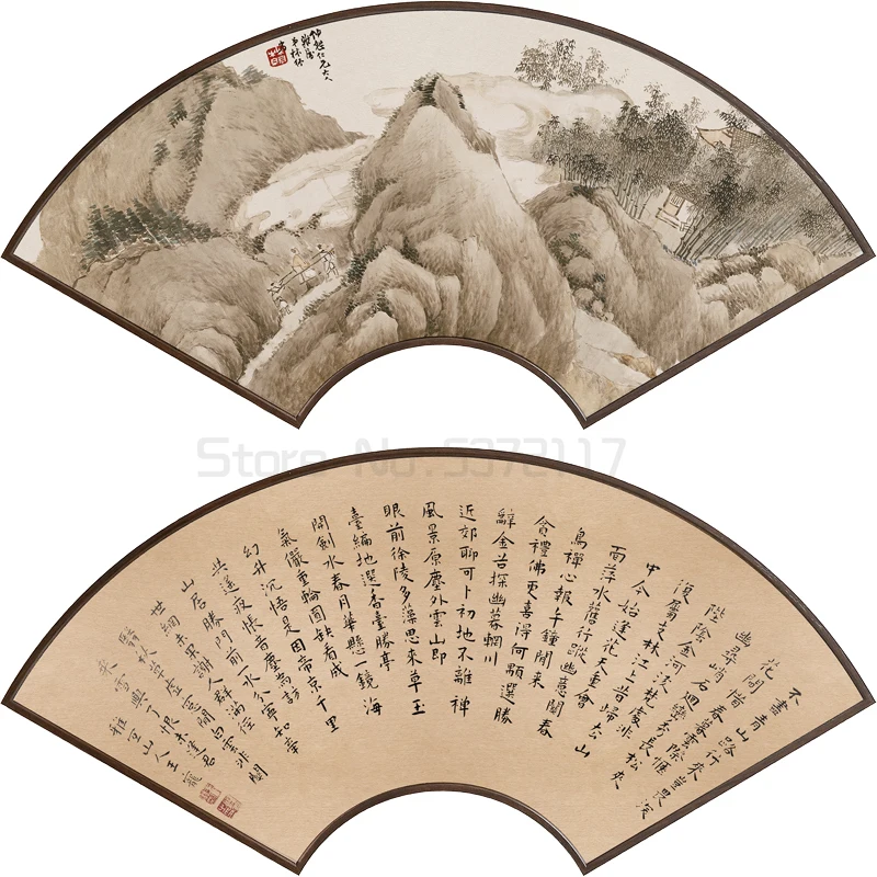 

Новая декоративная живопись в китайском стиле для крыльца, веерообразная картина маслом дзен, ткань, сутра, пейзаж, настенная металлическая...