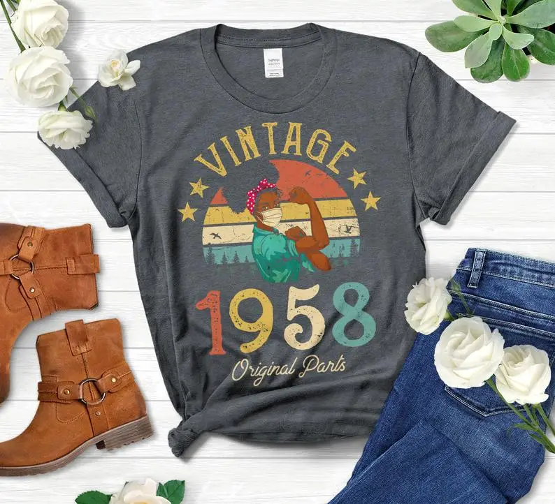 Vintage 1958 Original Parts  Party T-Shirt  cotton African American Women with 63nd Birthday Gift Idea Girls Mom Wife Daughter