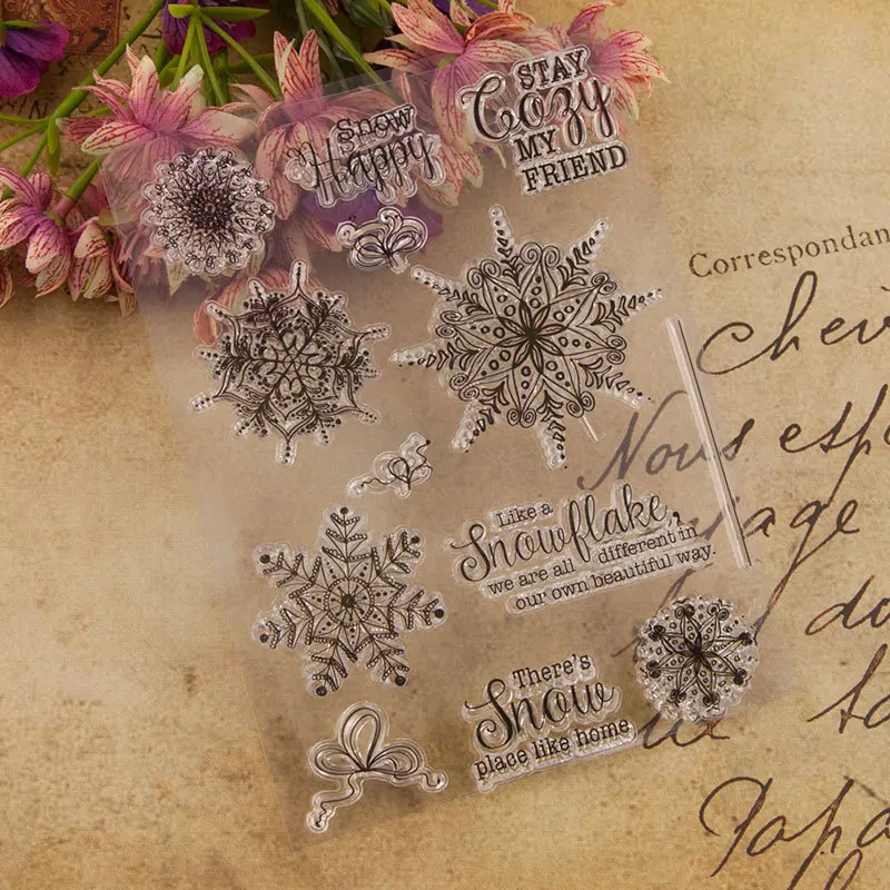 Рождественский Большой Снежинка с надписями прозрачный силиконовый штамп