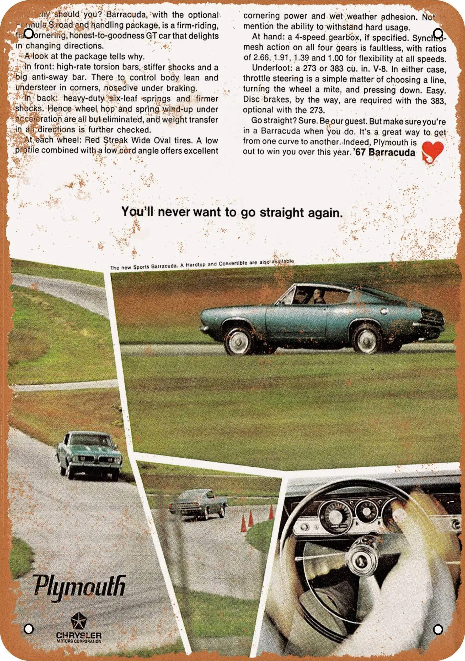 

SLALL 1967 Plymouth Sports Barracuda Retro Street Sign Household Metal Tin Sign Bar Cafe Car Motorcycle Garage Decoration