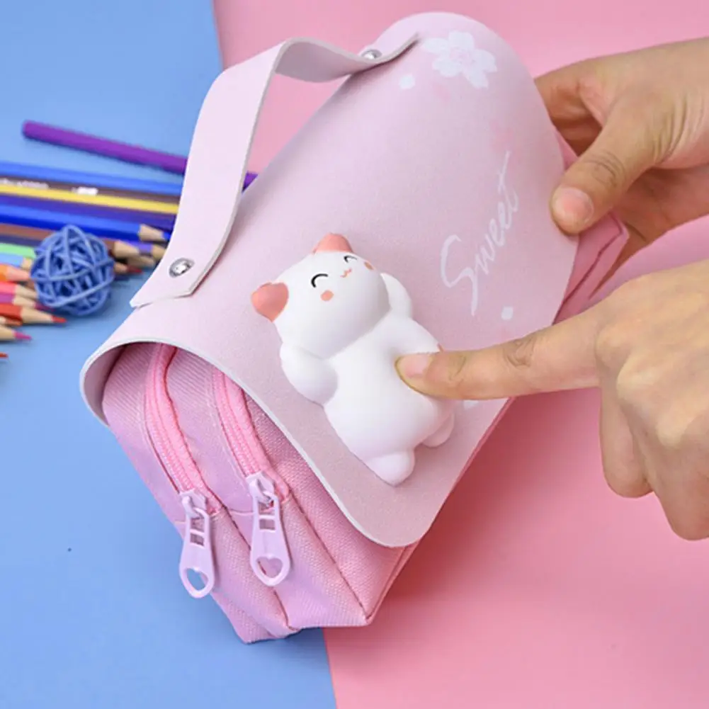 

Pencil Case Kawaii Canvas three Layer Pen Brushes Pouch Dust-proof Oxford Cloth Wide Open Pencil Storage Bag Stationery Supplies
