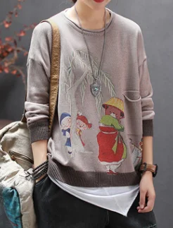 Autumn Sweater Retro Knitting Women Loose Pullovers New 2019 Ladies Tops O-Neck Long-sleeved Print Character Mori Girl | Женская одежда