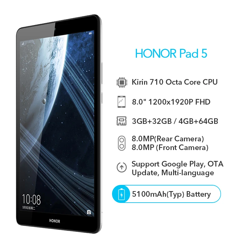 Google Play Honor Pad 5 " 32 ГБ/64 Гб планшет Android 9 5100 мАч батарея Kirin 710 Восьмиядерный 1200x1920 FHD ips экран OTG