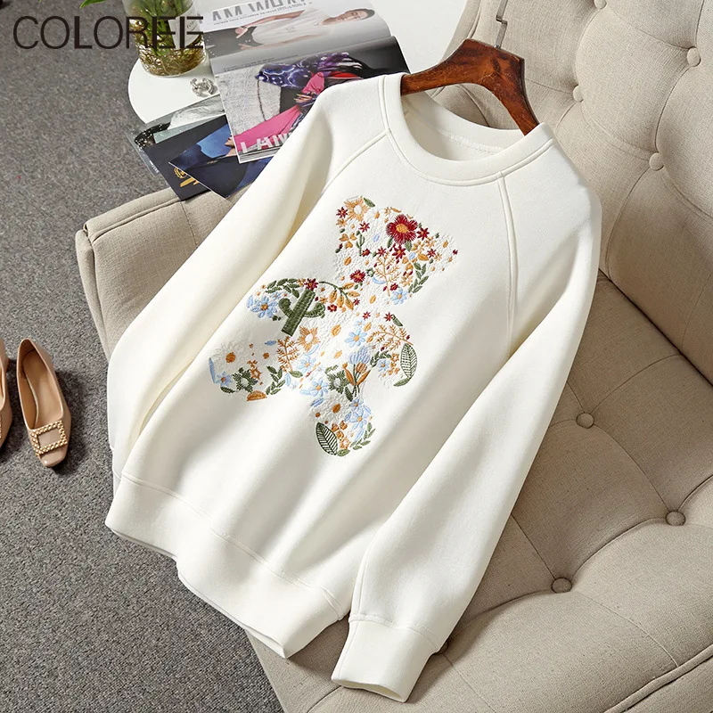 

Ins Fashion Embroidery Bear Hoodies Women 2021 Autumn Winter O-neck Loose Casual Sweatshirt Female Oversized Pullover Hiver