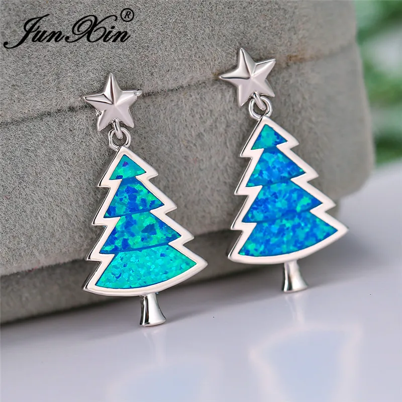 Christmas Tree Stud Earrings For Women Men White Gold Rose Color Blue Fire Opal Wedding Cute Star Earring Jewelry | Украшения и
