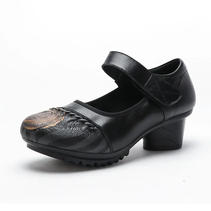 

XT 2020 autumn New ethnic style Genuine Leather shoes soft soles thick heel single shoes handmade Women Pumps comfortable Shoe