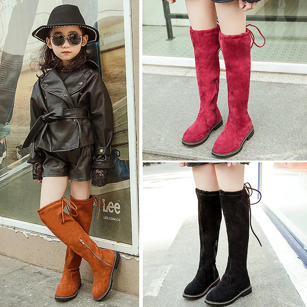 Зимние сапоги до колена для девочек модные детские отдыха на плоской подошве