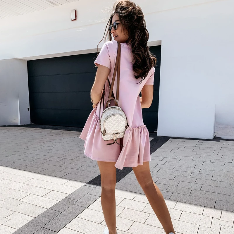 

Summer Loose Pure Color Ruffles Mini Dress For Women 2021 Elegant Short Sleeve O-neck A-line Beach boho T Shirt Casual Dresses