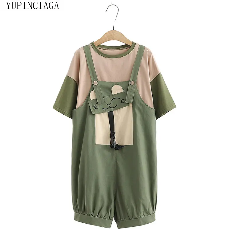 

Футболка женская хлопковая, с круглым вырезом и коротким рукавом, с вышивкой в виде мультяшного кота