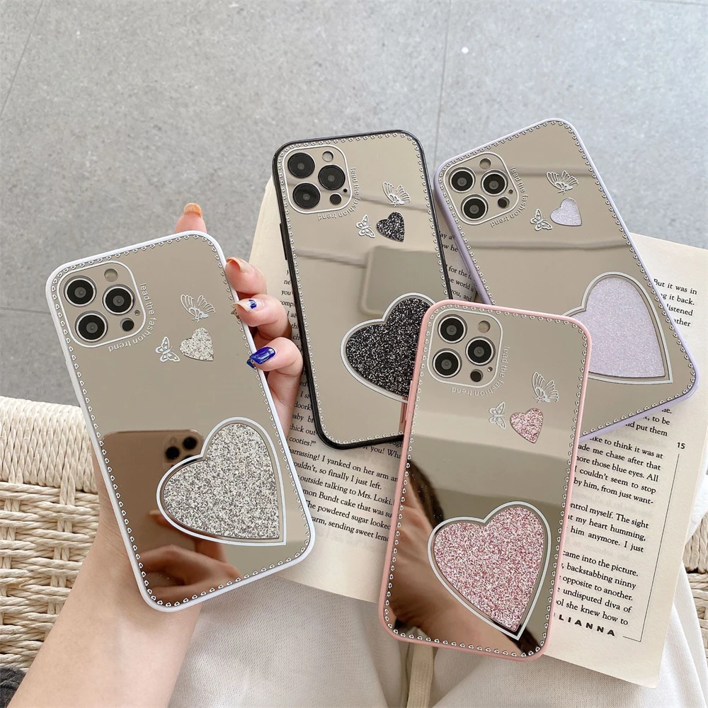 

Pop Love Heart Mirror Phone Case for IPhone 13 Pro Max All-inclusive Glitter Protective Back Cover Camera Protection Cases Coque