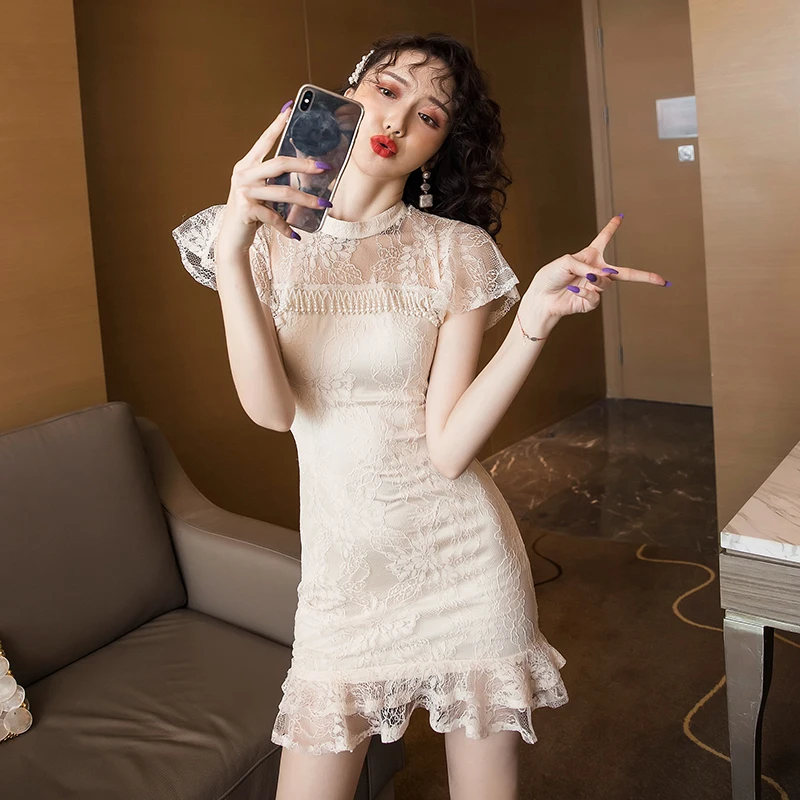 

COIGARSAM Lace Women one-piece dress korean New Summer Dresses Rice White 8768