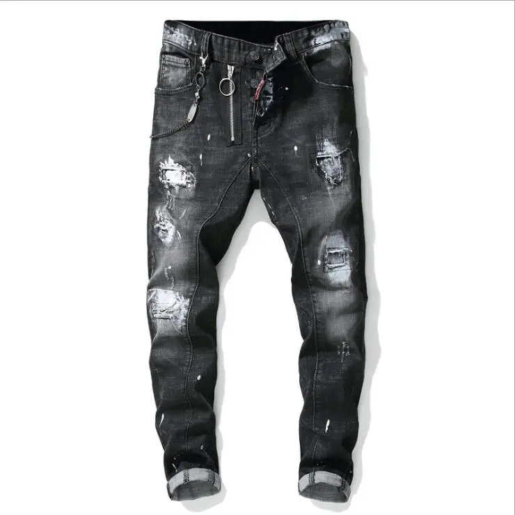

2021 New European and American Style Stitching Men's Slim Stretch DSQ Jeans Black Beggar Pants Hip-hop Jeans