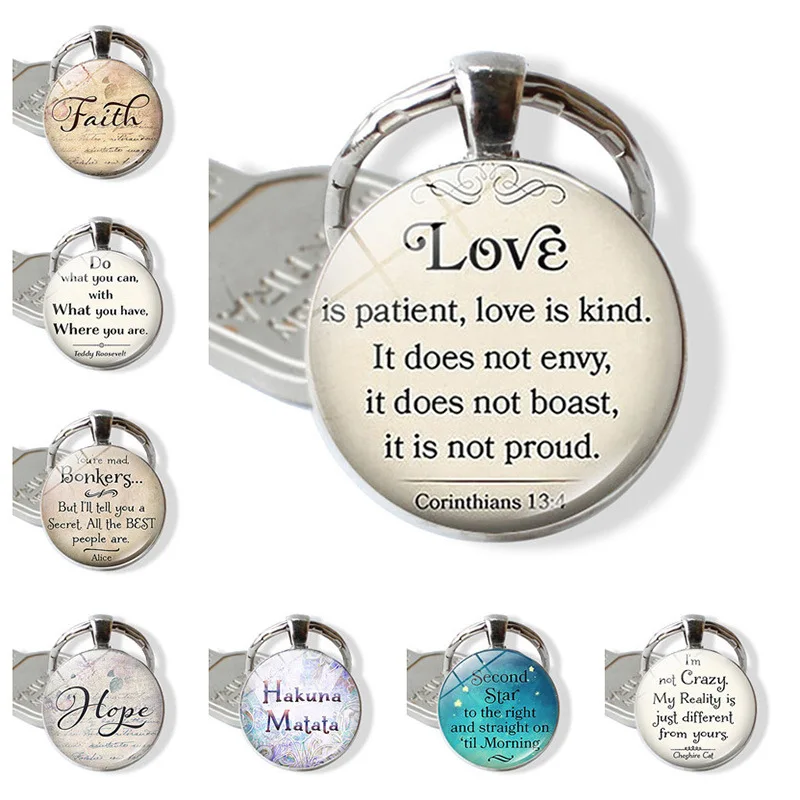 

WG 1pc Hakuna Matata Time Gem&stone keychain keyrings Fashion Creative Cabochon glass Letter Keychain Jewelry Accessories