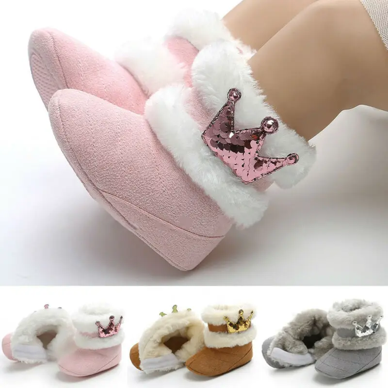 

2022 New Fashion Infant Newborn Baby Girls Crown Cashmere Plush Crib Winter Boots Warm Shoes