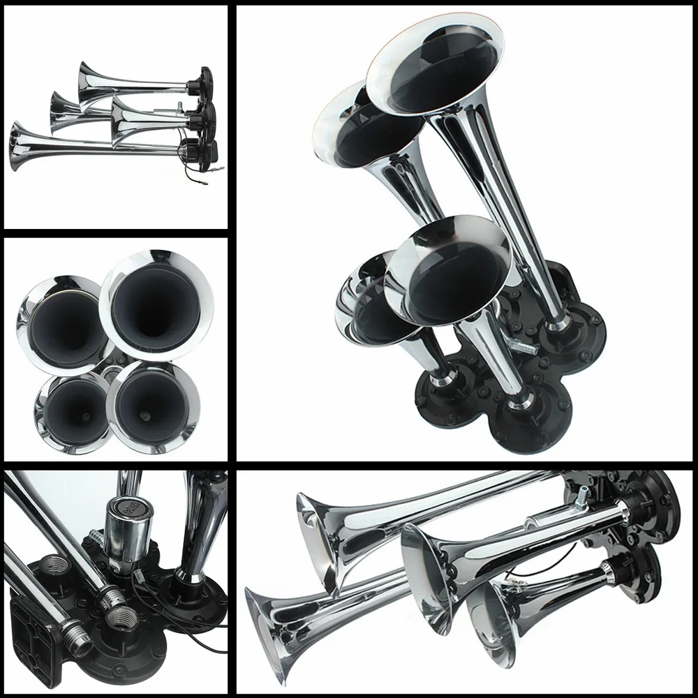 

150.2db 12V / 24V Chrome Plated Super Loud 4-Trumpet Train Air Horn Kit Universal for Truck Lorry Boat Motorcycle Claxon Horns