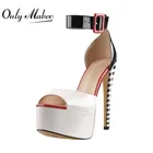 Onlymaker женская обувь на платформе; Обувь с открытым носком шпильки Ремешок на щиколотке сандалии черный, белый цвет полосы вечерние платье женские летние туфли больших Размеры