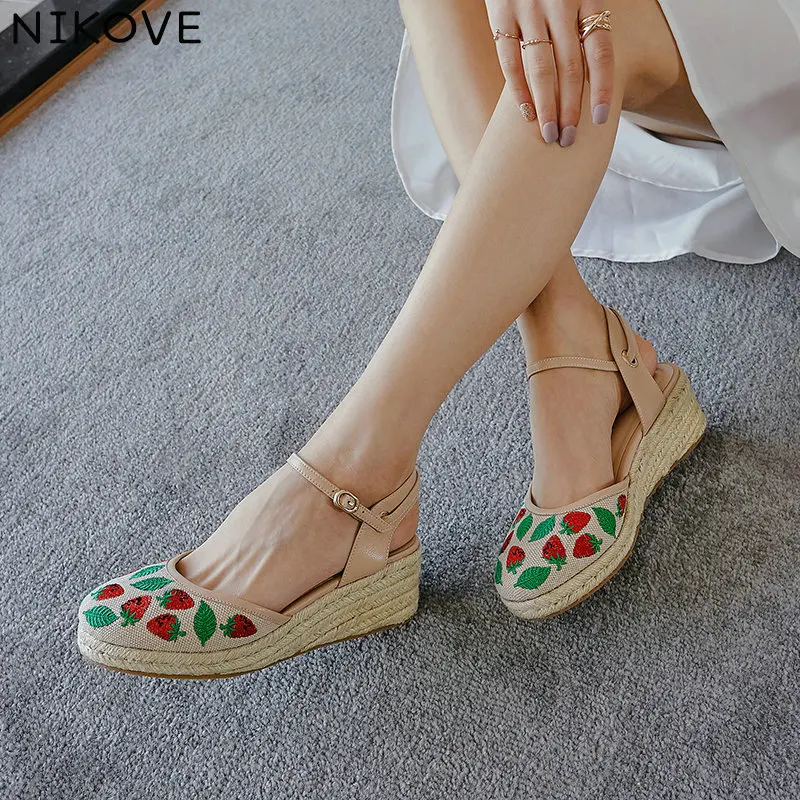 

NIKOVE 2020 Ankle Strap Summer Sandals Women Pumps Shoes Leather+PU Wedge High Heel Black Round Toe Fashion Shoes Size 34-39