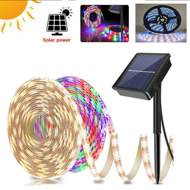 

Светодиодная лента на солнечной батарее, уличная Гибкая светящаяся лента RGB, водонепроницаемая LED полоска с светильник светкой для украшени...