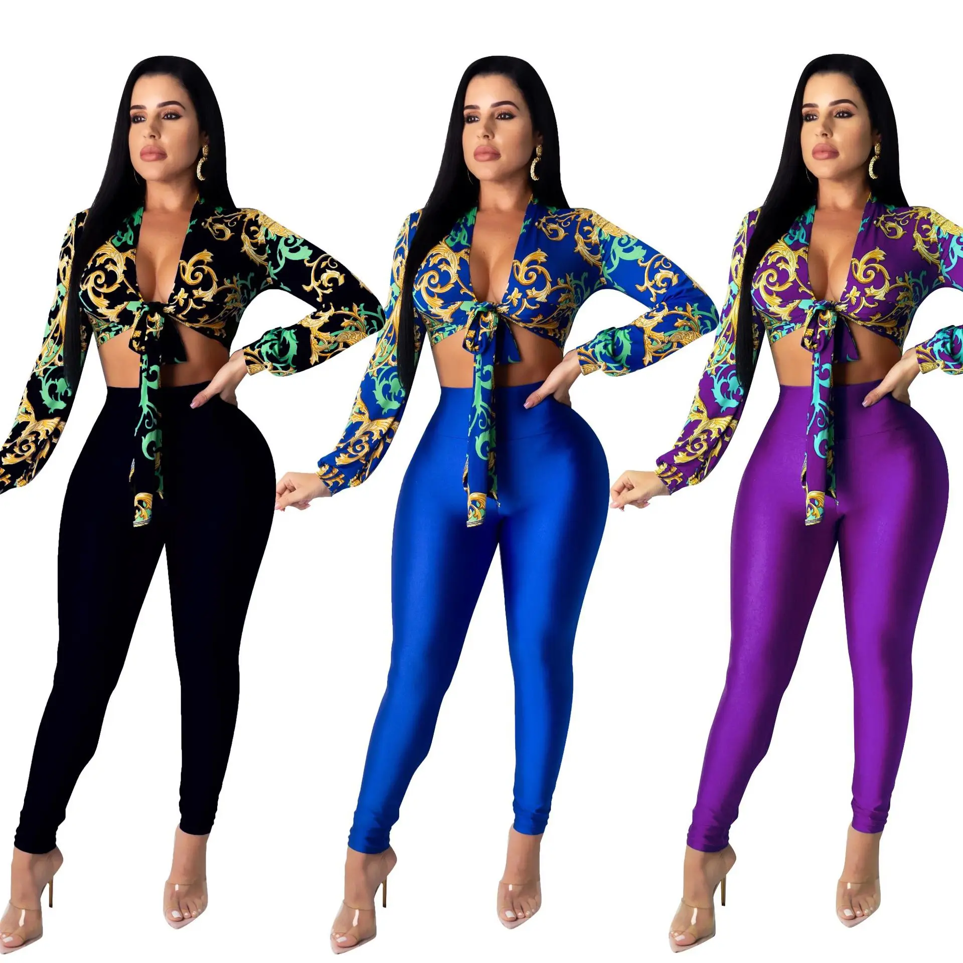 

MUDAN Ladies Suit Casual Fashion Commuter Retro Print Cardigan Sexy Casual Slim Suit Ladies 2-piece Set