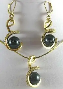 

> 12 мм жемчужные серьги и ожерелье с подвеской в виде ракушек черного Южного Моря AAA