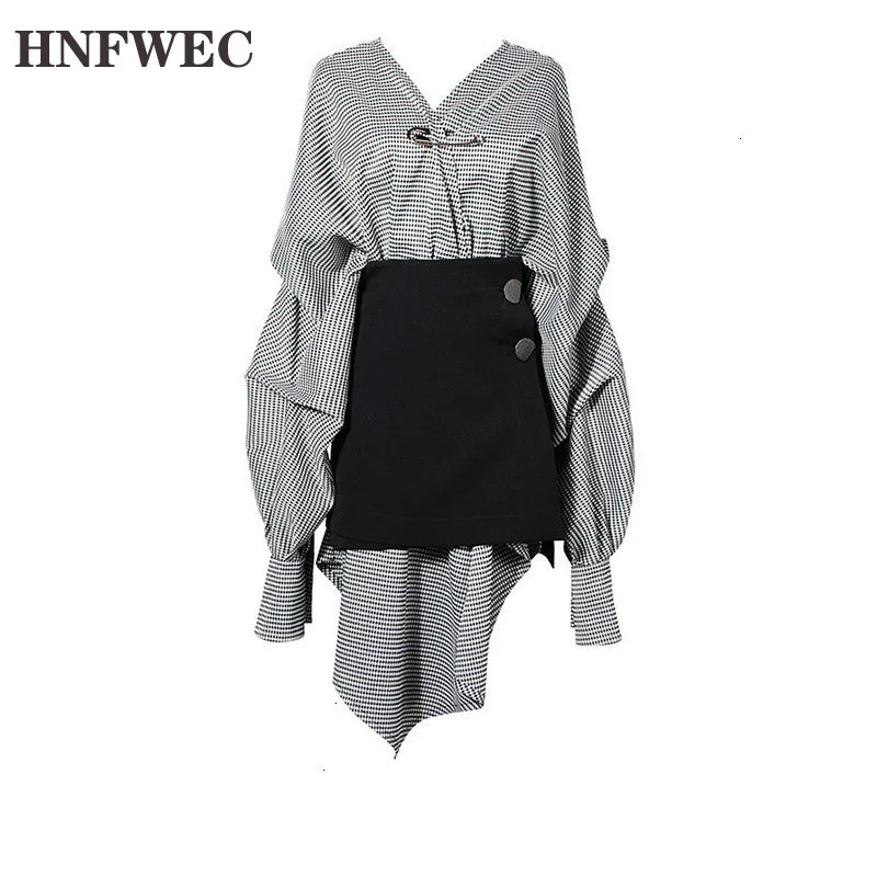 

2020 New Classical Designs Plaided Lantern Sleeves Pleated V-neck Long Shirt And Waist Seals Wide Two Pieces Set L994