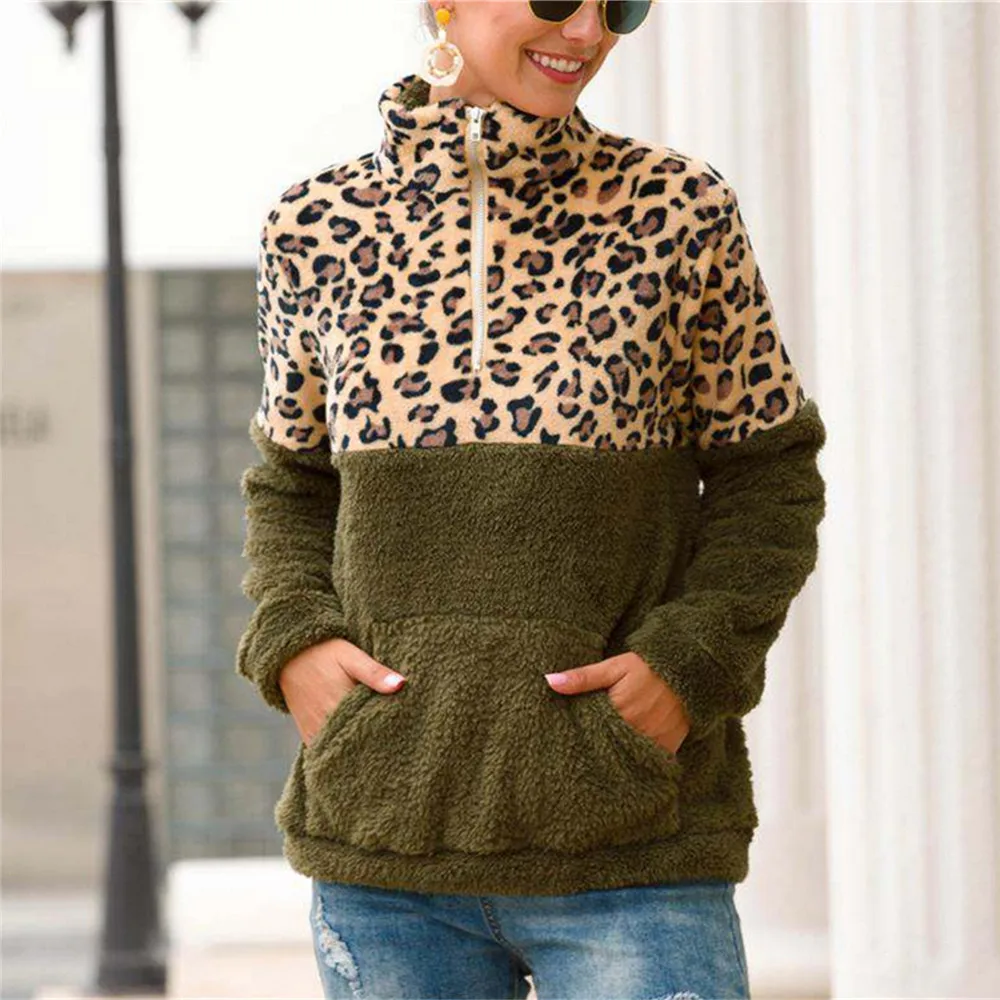 Leopard Patchwork Fluffy Sweatshirt Women Zip Fleece Casual Oversized Hoodie Winter Pullover Hoody Ladies Tops Plus Size | Женская