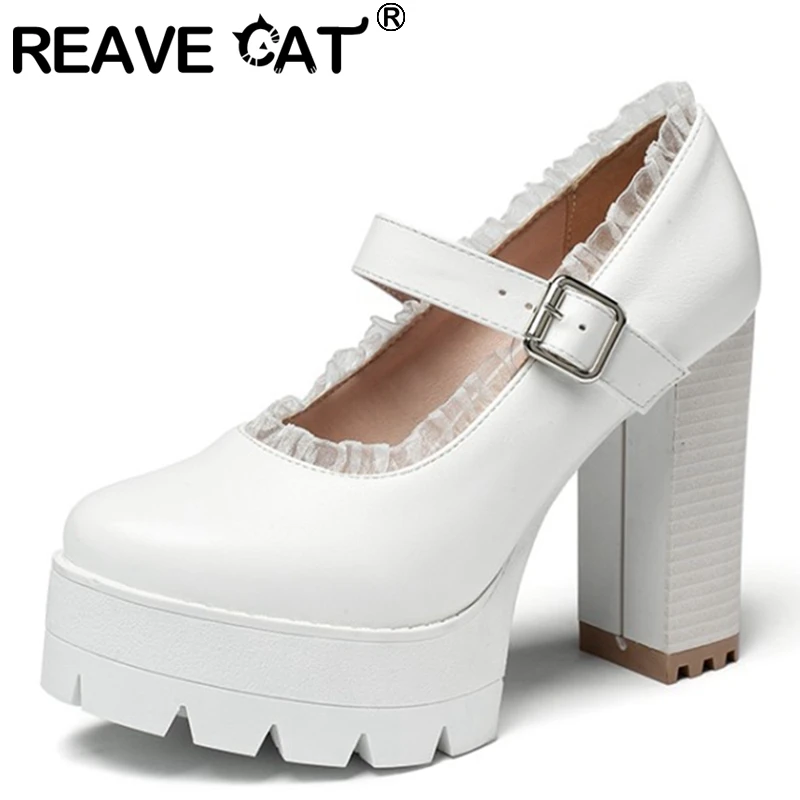 

Женские туфли-лодочки REAVE CAT, праздвечерние чные Туфли Мэри Джейн на платформе с кружевом и ремешком с пряжкой и круглым носком, черные и белы...