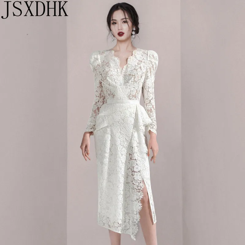 

Spring Fashion New OL Elegant White Lace Dress Runway Sexy V Neck Puff Sleeve Ruffles Bodycon Split Party Midi Dress Women Robe