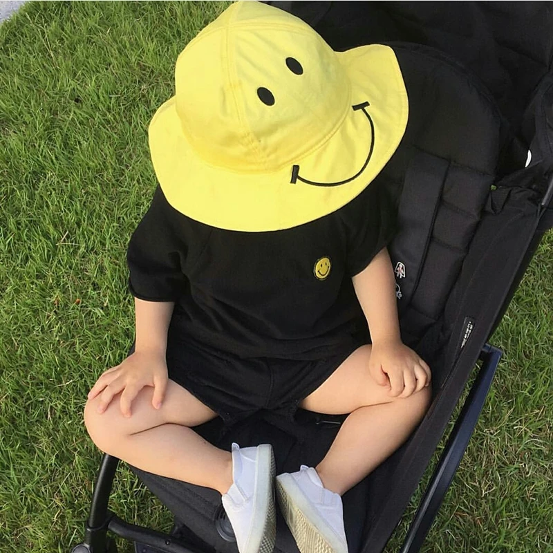 

Children Smiley Face Sun Hats Summer Kids Cotton Personality Fisherman Hat Baby Yellow Embroidered With-Band Dome cap